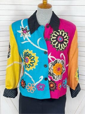 Vntg 90s Tunique Floral Embroidered Colorblock Jacket Wearable Art Funky Medium